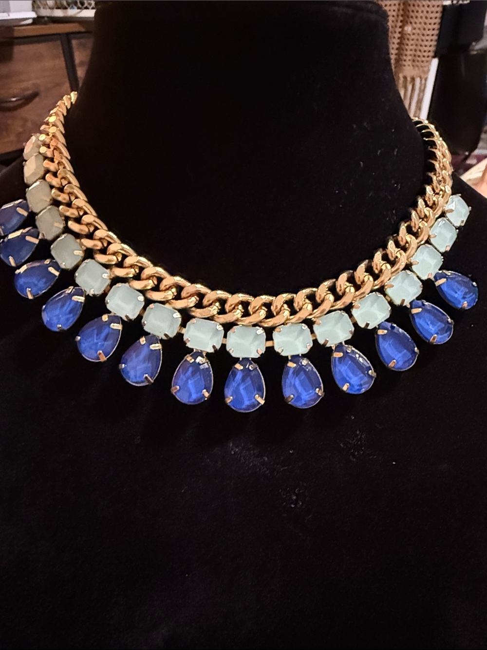 Vintage Talbots Blue beaded crystals gold-tone Bib Necklace 2000-2015 11.5”